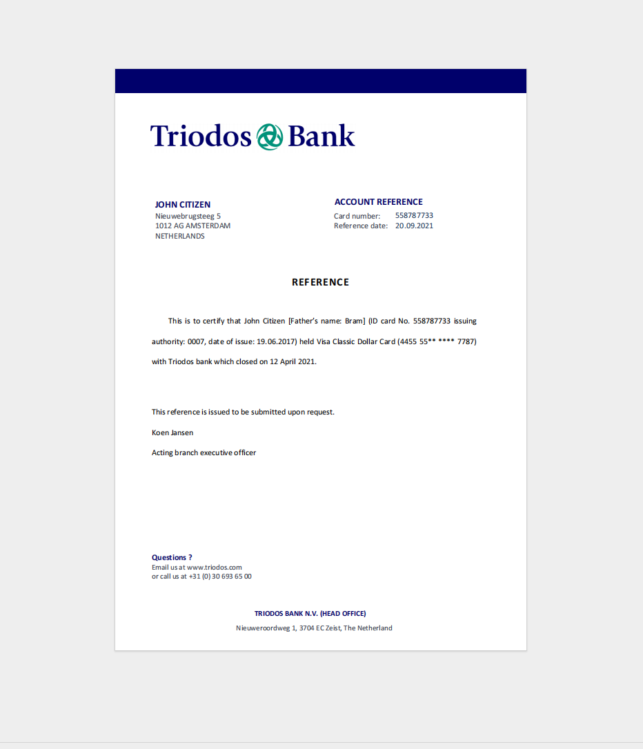 Netherlands Bank Account Closure Certificate Template