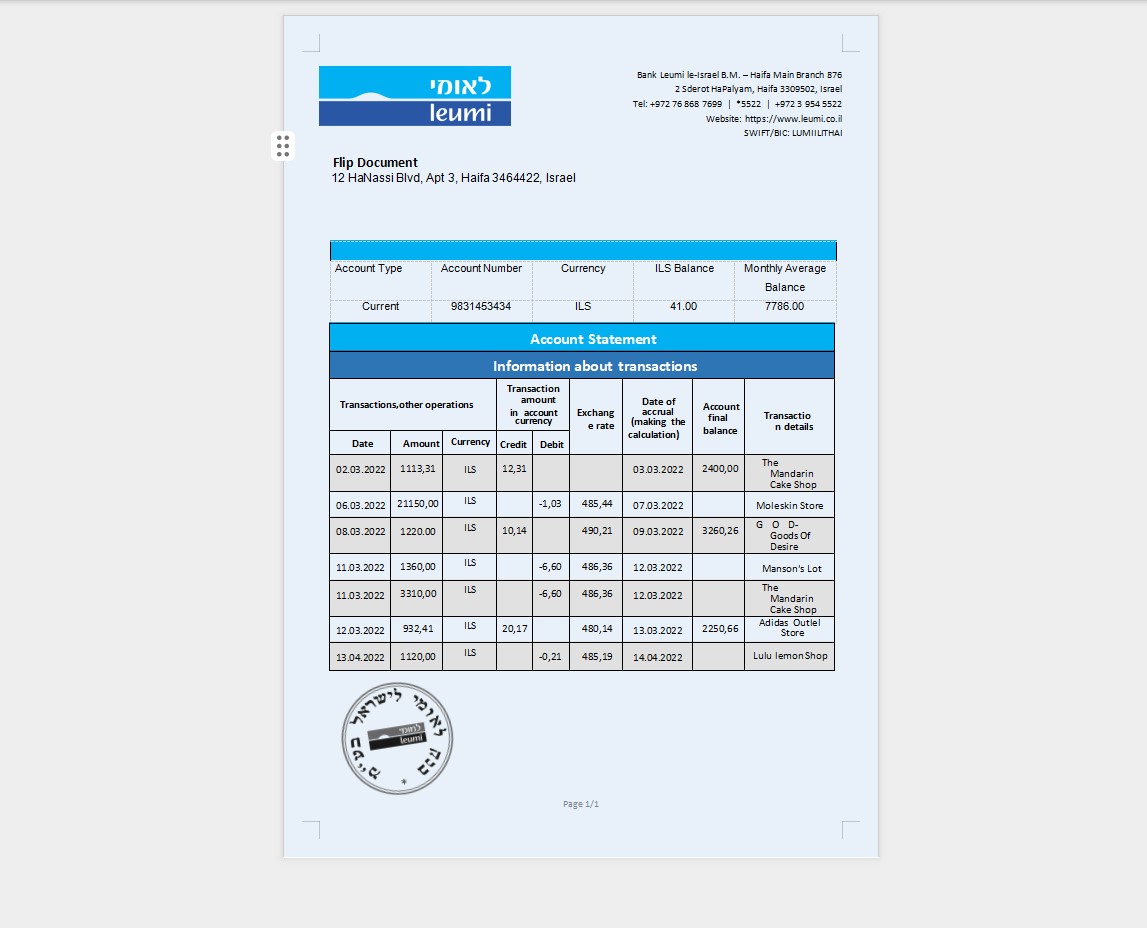 Israel Leumi bank Account Statement -proof of address-