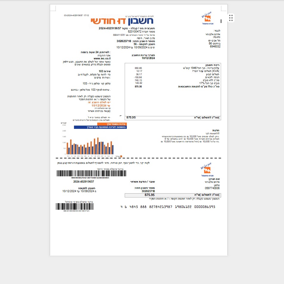 Israel Proof of Address Electricity Bill Template