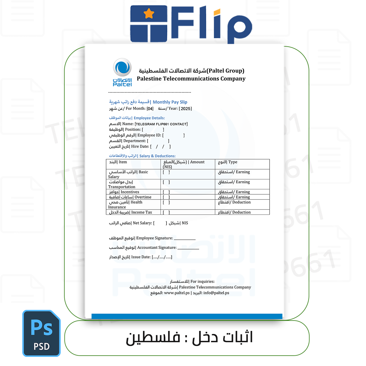 Palestine Payslip Template [ Proof of income] اثبات مصدر دخل / قالب شيك الرواتب الفلسطيني [إثبات الدخل]